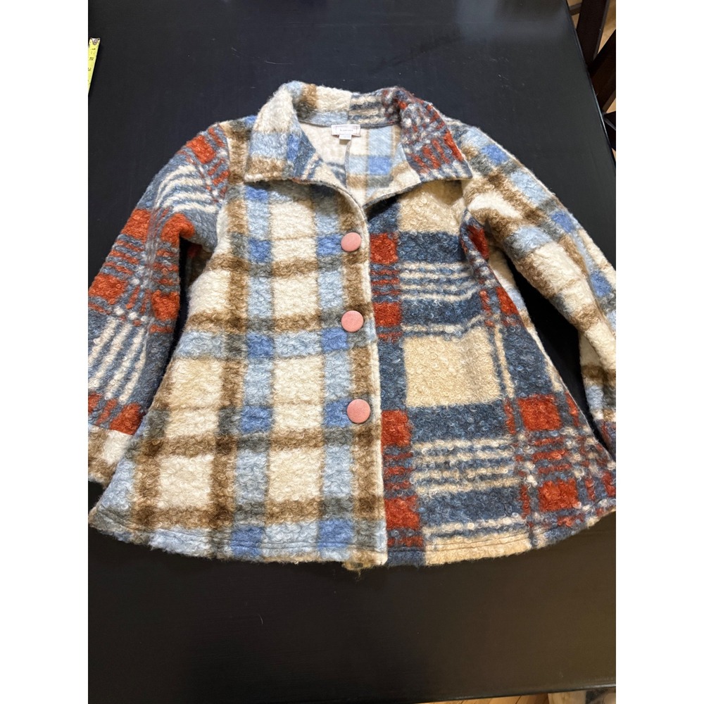 Kamana Womens Plaid Boucle Knit‎ Button Front Jacket Blue Orange Cream Large